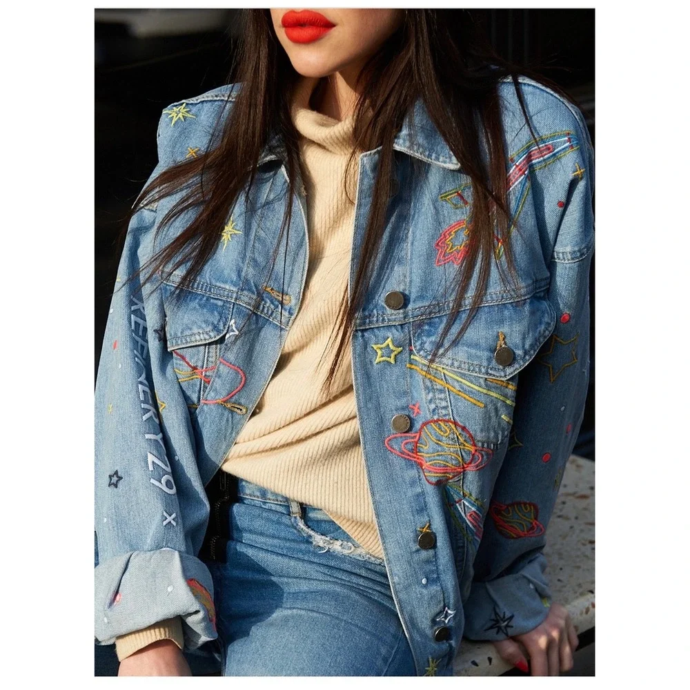 ASOS x Refinery29 Space Embroidered Denim Jacket Light Wash Rocket Star XS